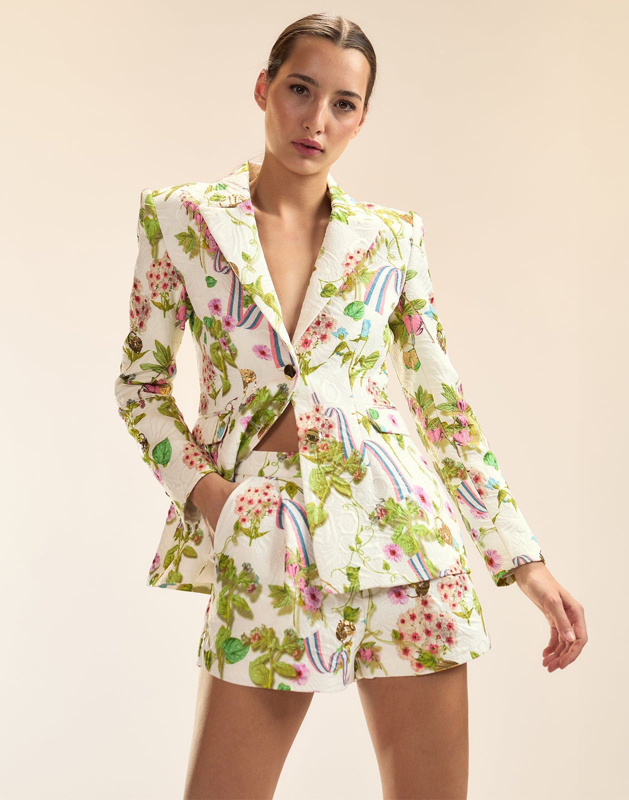 Printed Brocade Pleated Shorts