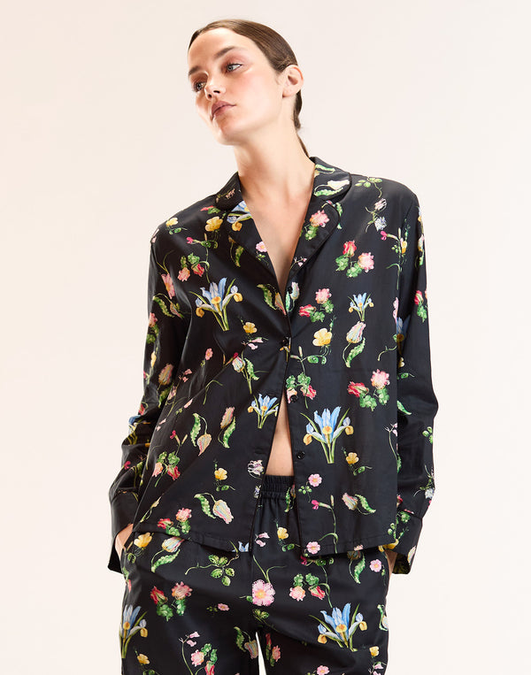 Black Floral Cotton PJ Top