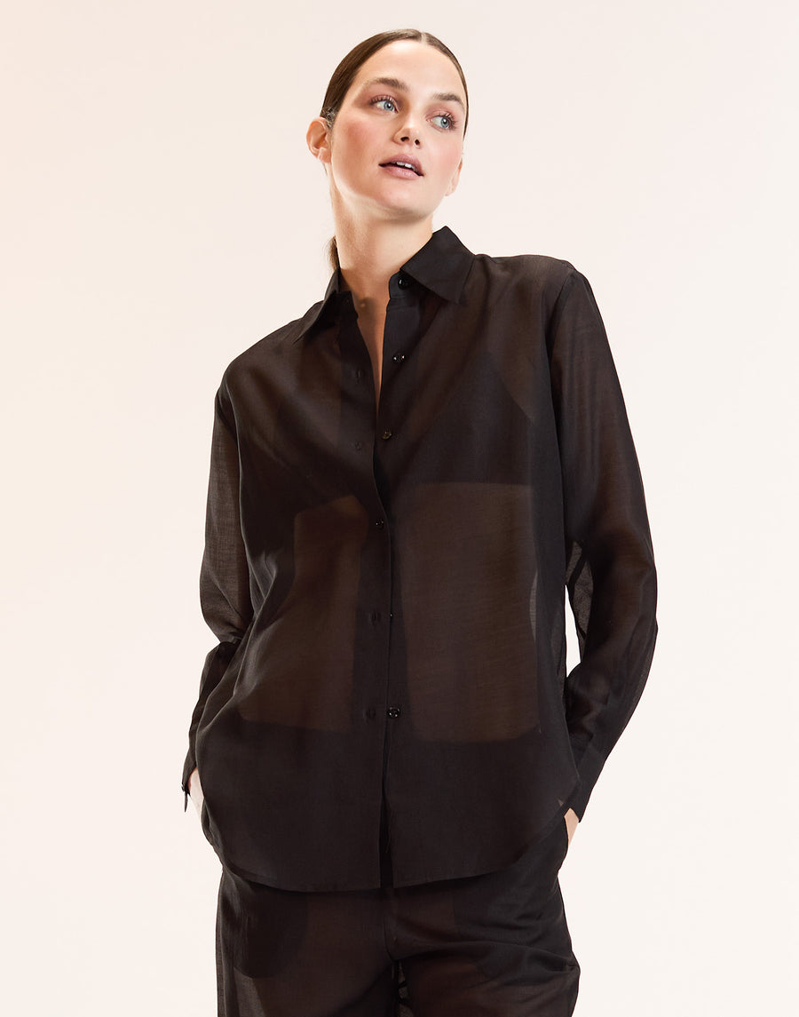 Black Sheer Button Up Top