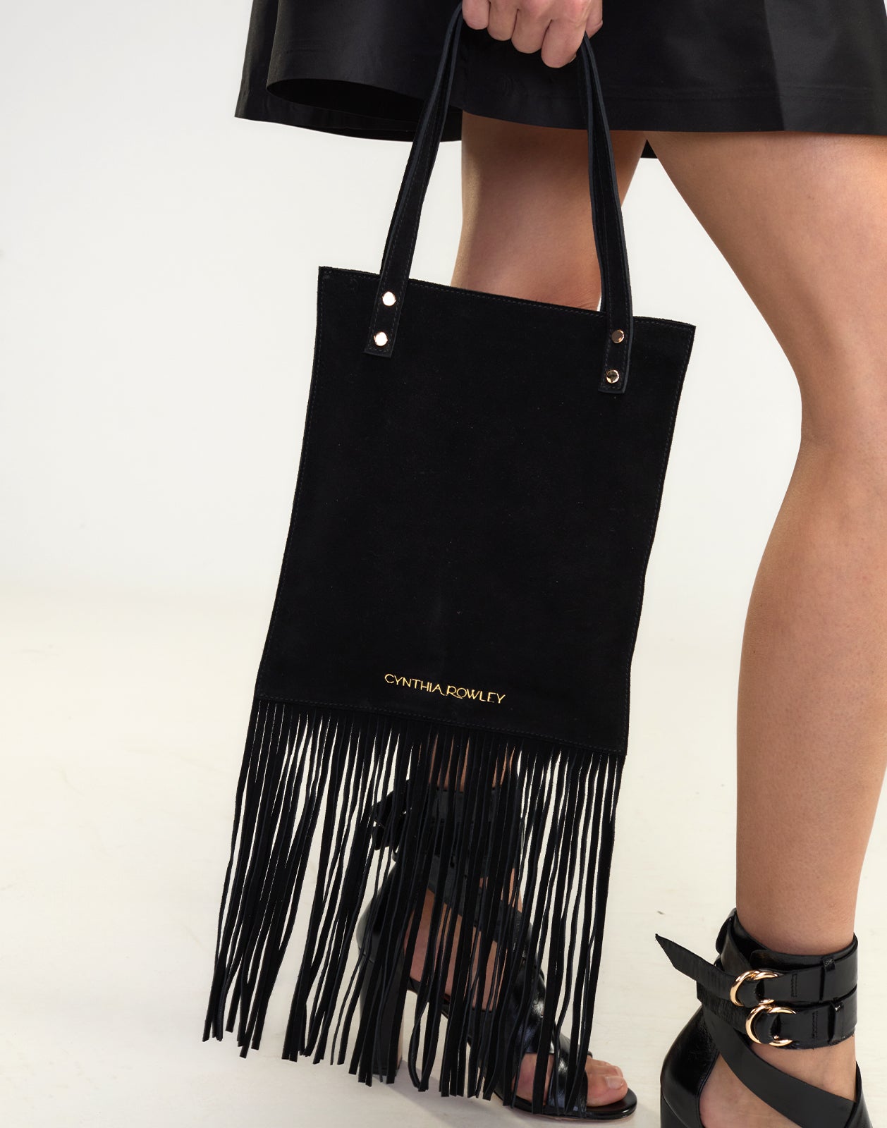 Cynthia Rowley Black Sleek Fringe Suede Tote