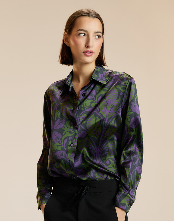 purple and green silk blouse