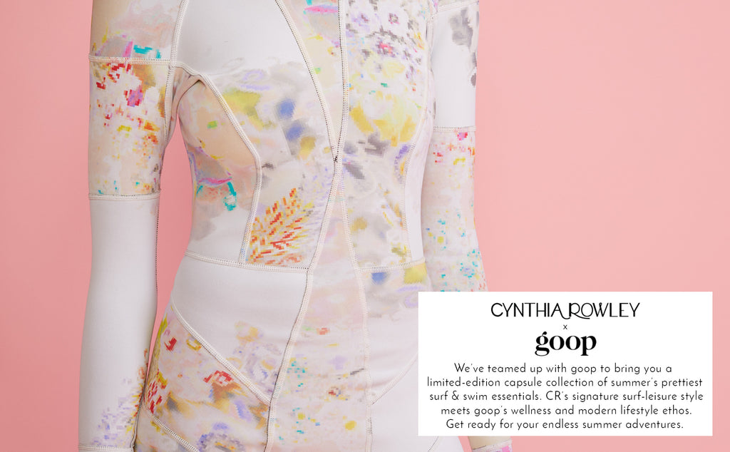 Detail image of the Light Floral Hightide wetsuit with overlaid copy announcing the Cynthia Rowley x goop collaboration. 