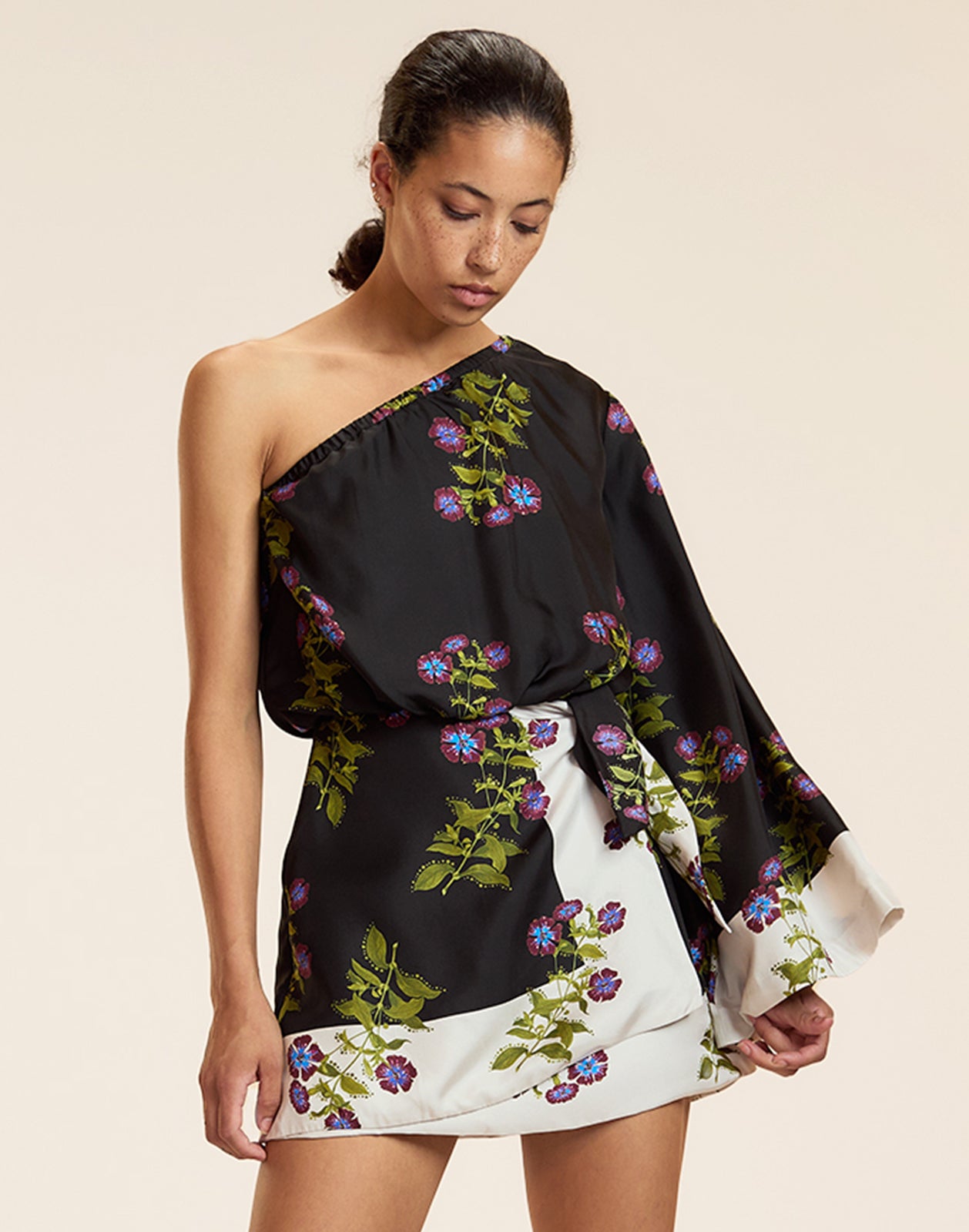 Cynthia Rowley | One Shoulder Mini Silk Dress, (Black Floral, Size)