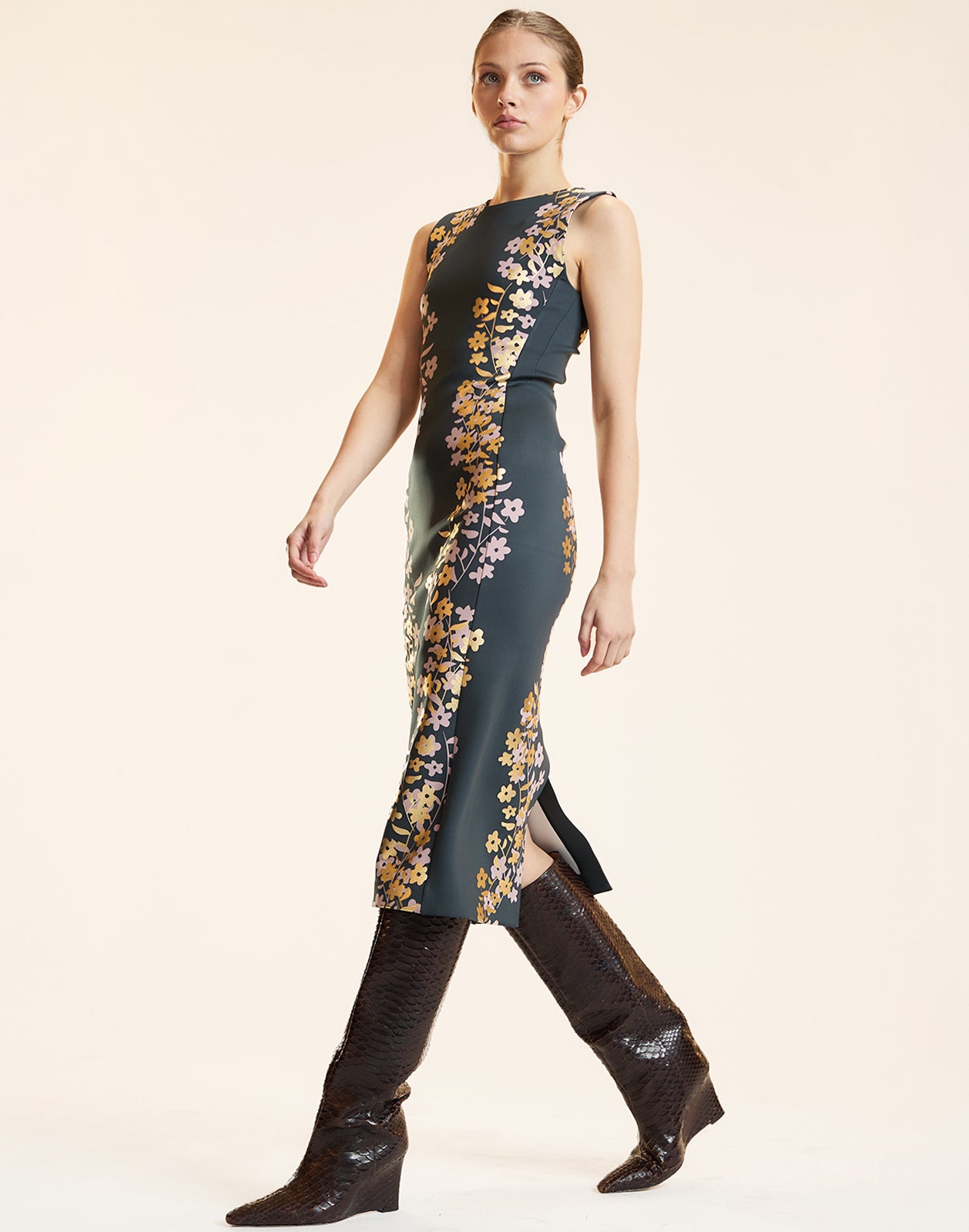 Cynthia Rowley Sleeveless Bonded Midi Dress - Floral / Black Cynthia Rowley Sleeveless Bonded Midi Dress - Floral / Black