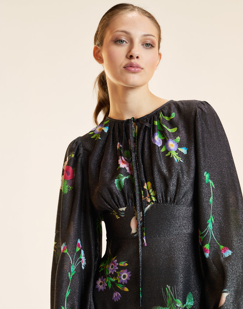 PRINTED LUREX MINI DRESS in Black