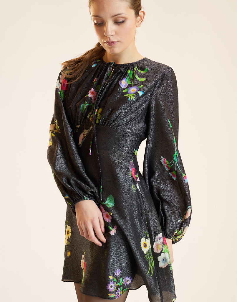PRINTED LUREX MINI DRESS in Black