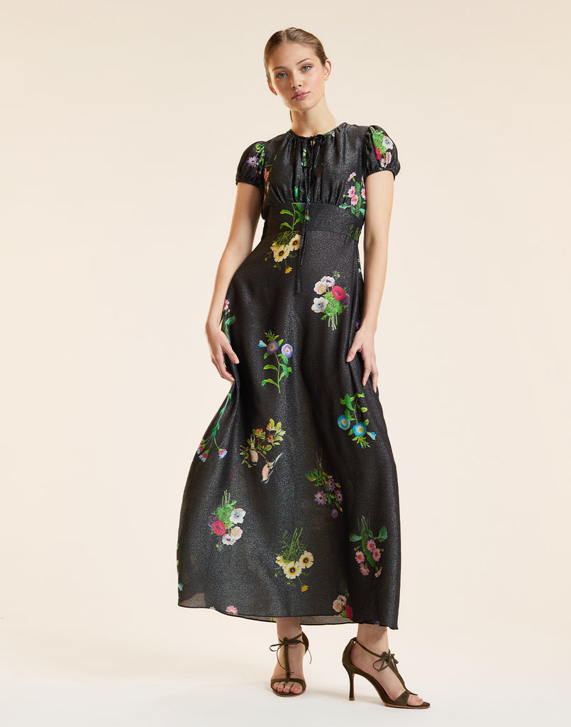 PRINTED LUREX MIDI DRESS in Black Floral