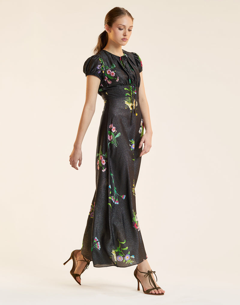 PRINTED LUREX MIDI DRESS in Black Floral