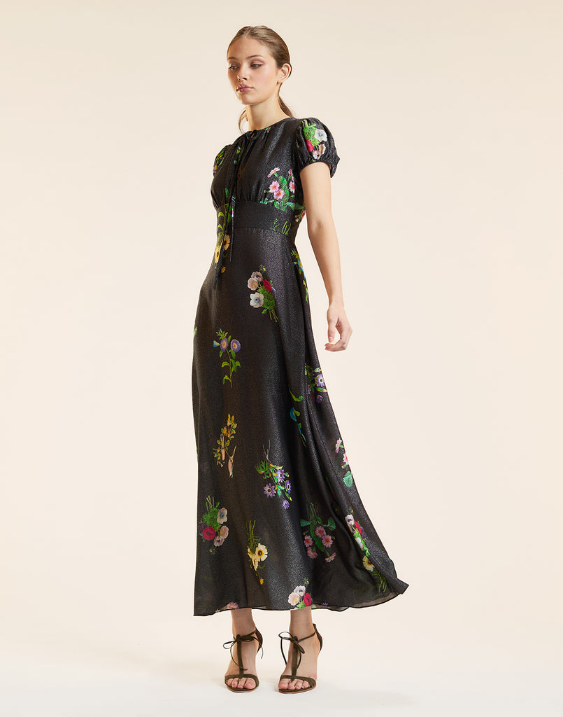 PRINTED LUREX MIDI DRESS in Black Floral