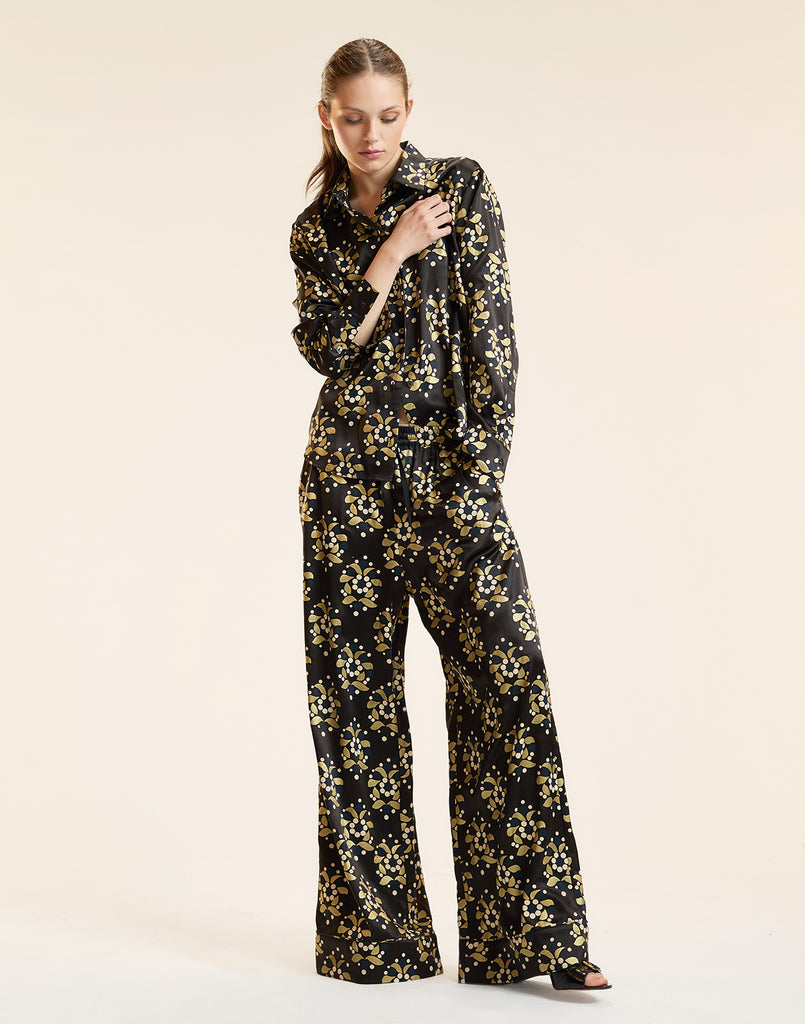 FOIL SILK BUTTON UP SHIRT in Black and Gold