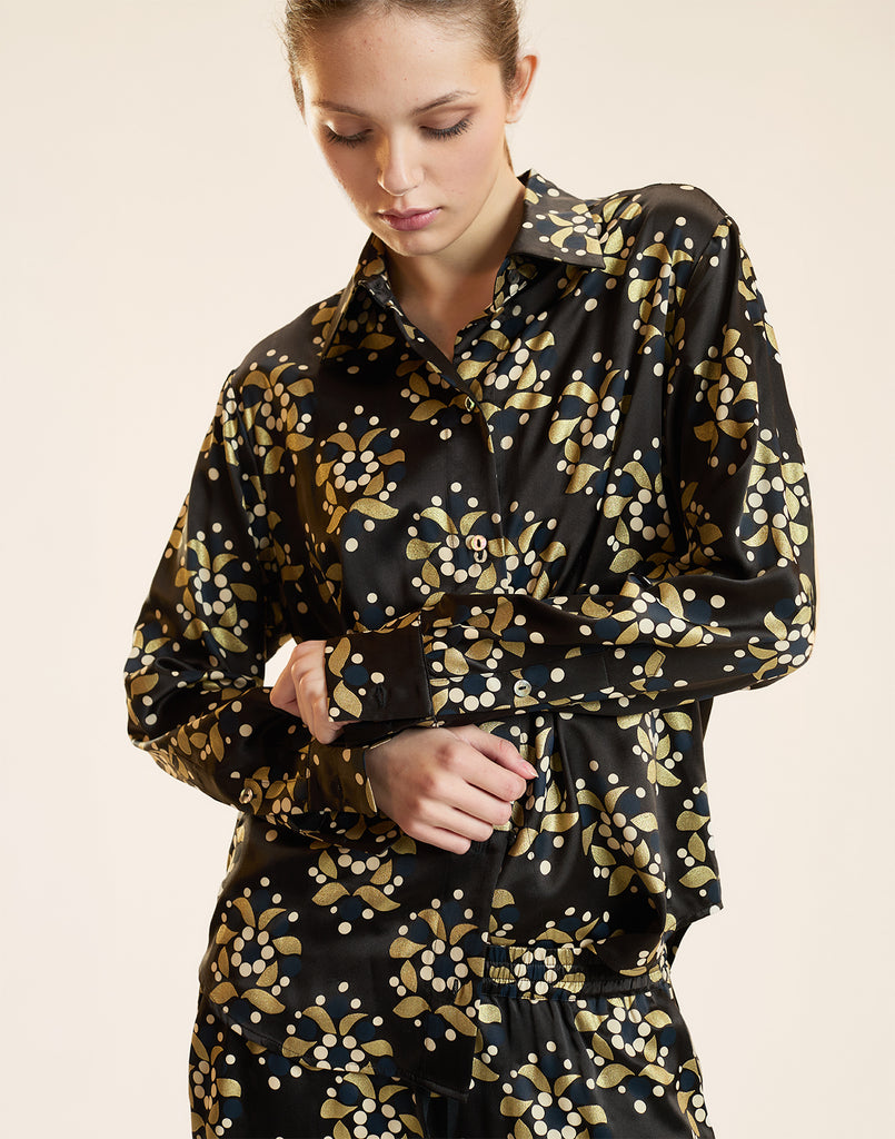FOIL SILK BUTTON UP SHIRT in Black and Gold