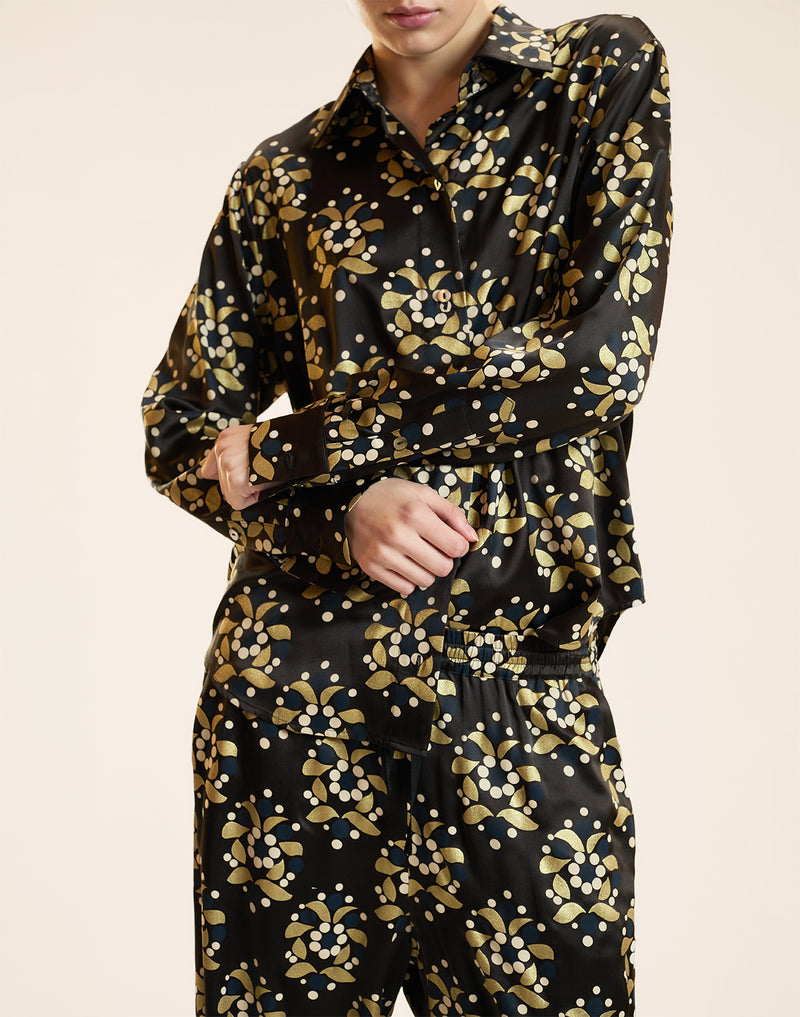 FOIL SILK BUTTON UP SHIRT in Black and Gold