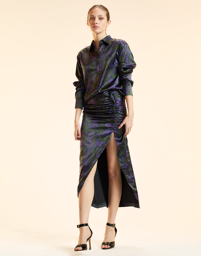 RUCHED SILK MIDI SKIRT in Purple