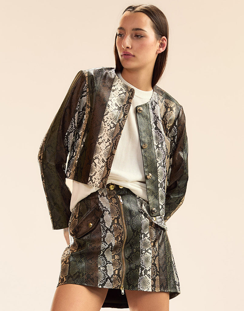 Cynthia Rowley Snake-Embossed Vegan Leather Cropped Jacket