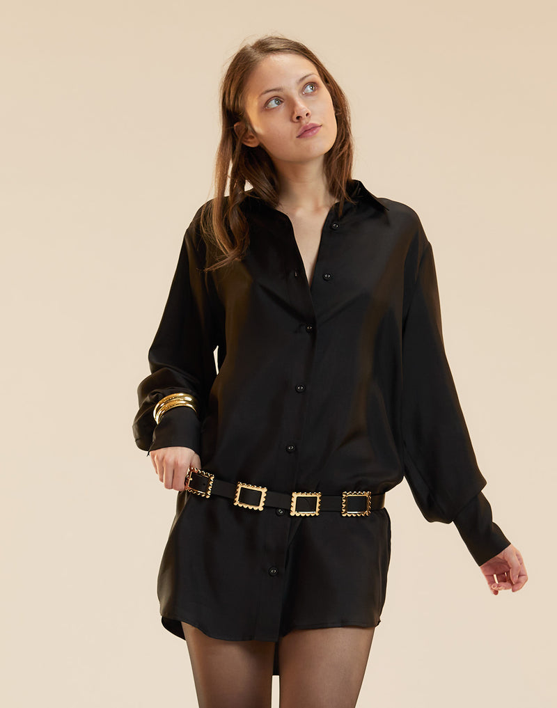 Long sleeve silk Shirt Dress in black