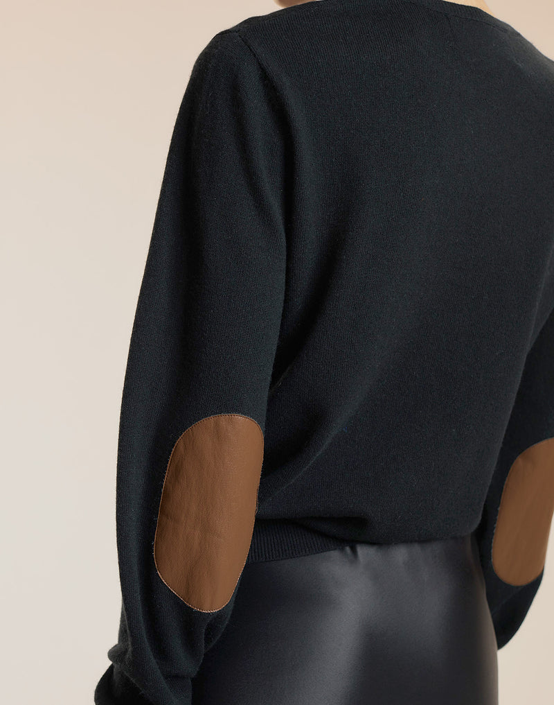 Black Crewneck Sweater with Elbow Patches 