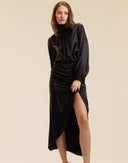 RUCHED SILK MIDI SKIRT in Black