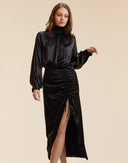 RUCHED SILK MIDI SKIRT in Black