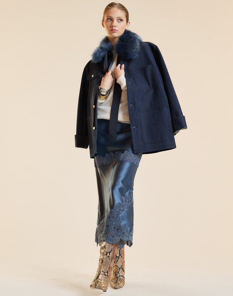 SATIN LACE SKIRT in Blue