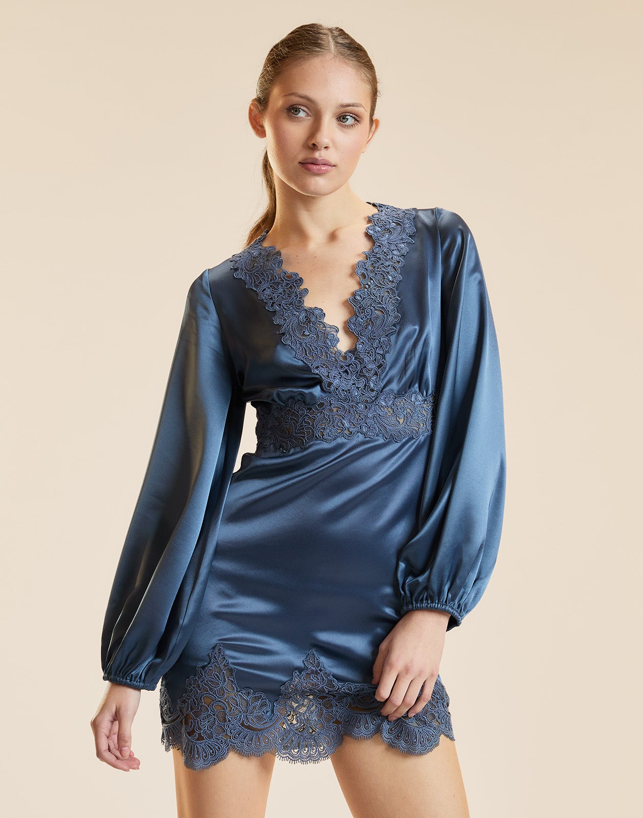 Cynthia Rowley Satin Lace Mini Dress - Denim Blue