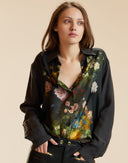 Black Floral Print Silk Blouse 