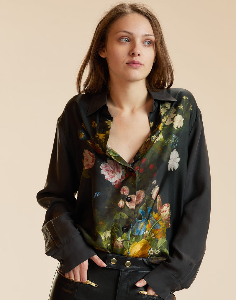 Black Floral Print Silk Blouse 