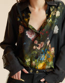 Black Floral Print Silk Blouse 