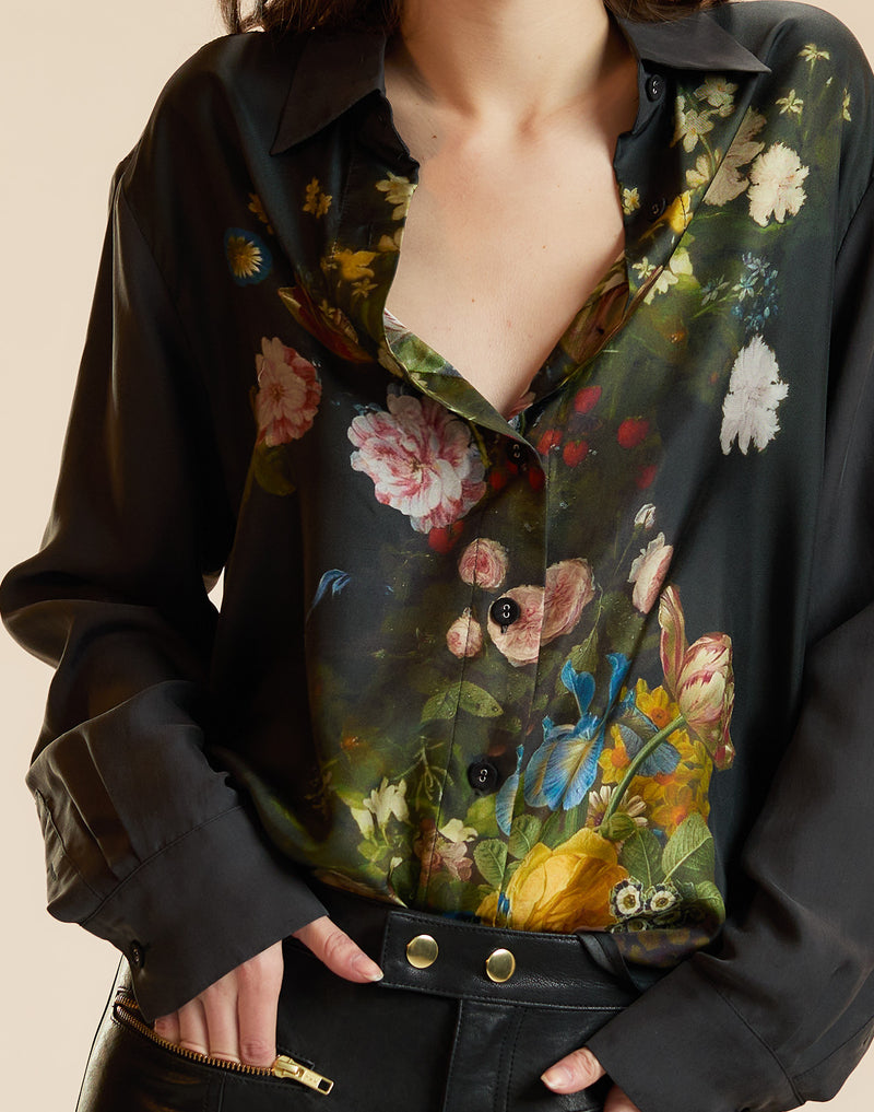 Black Floral Print Silk Blouse 