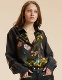 Black Floral Print Silk Blouse 