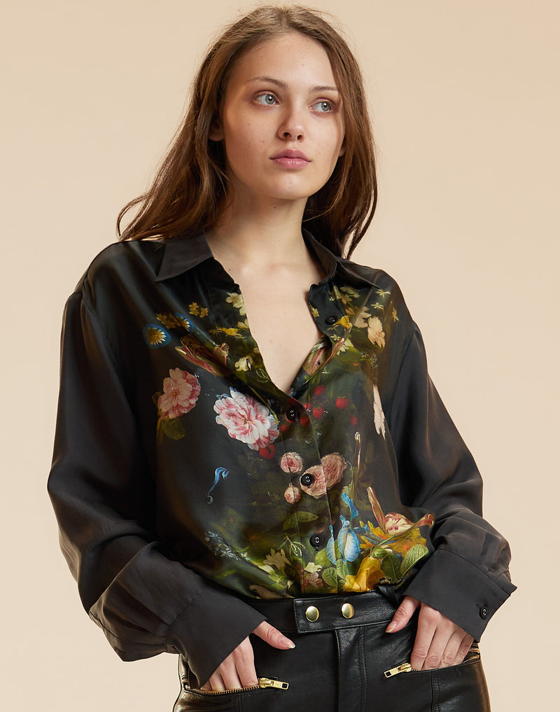 Black Floral Print Silk Blouse 