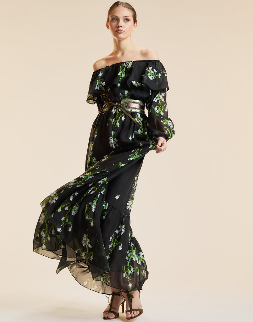 OFF SHOULDER SILK MAXI DRESS