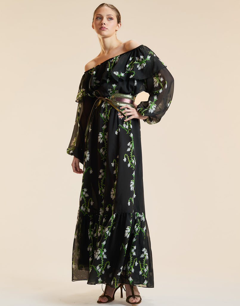 OFF SHOULDER SILK MAXI DRESS