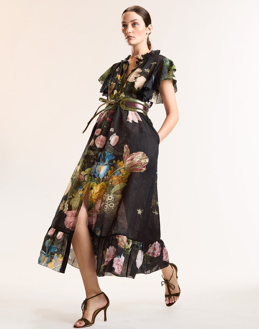 Black Bouquet Ruffle Midi Kaftan 