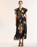 Black Bouquet Ruffle Midi Kaftan 