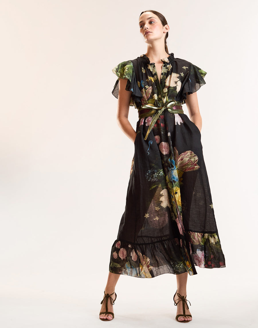 Black Bouquet Ruffle Midi Kaftan 