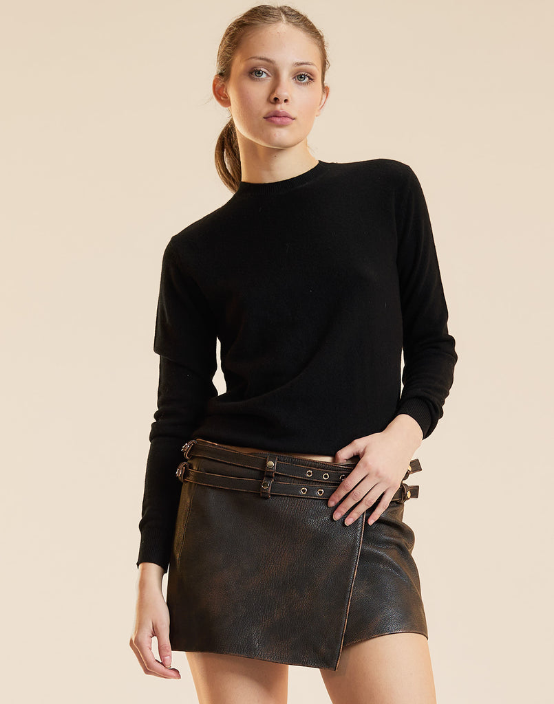 LEATHER WRAP SKIRT in Brown