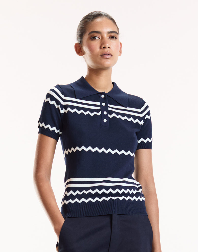 Navy Cropped Knit Polo