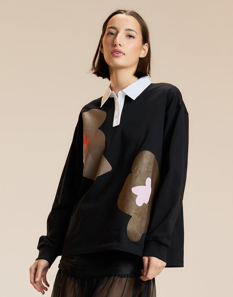 Printed Cotton Rugby Shirt in Black Multi