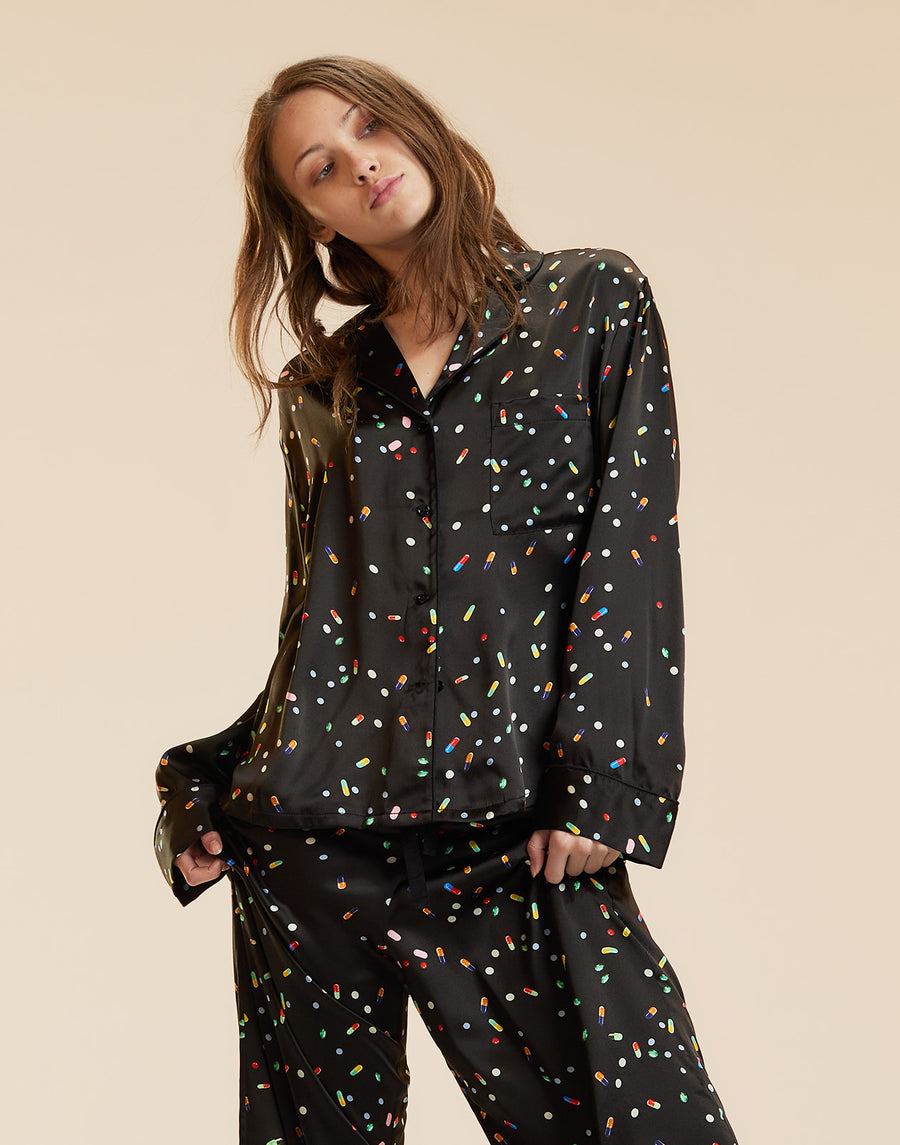 Black silk long sleeve in a pill print