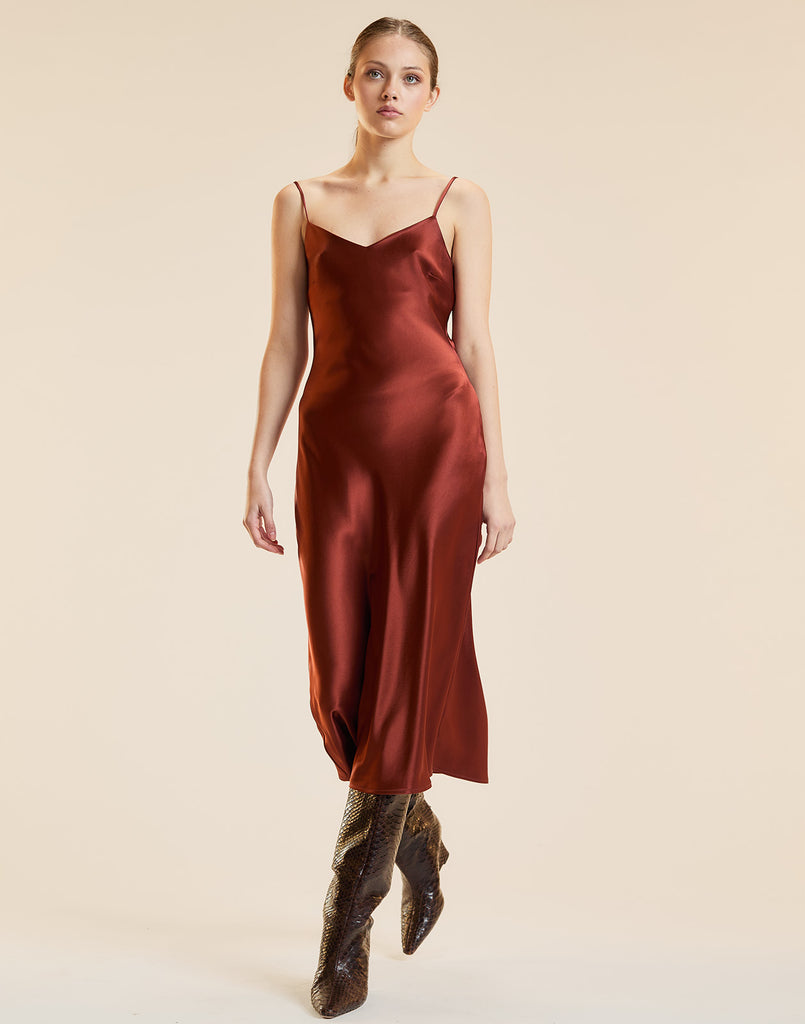 Silk slip dress in rust