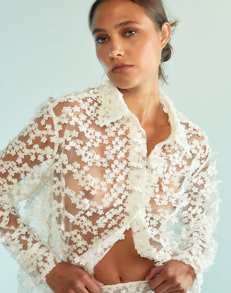 3D Embroidered Tulle Button Down Shirt - White / XS