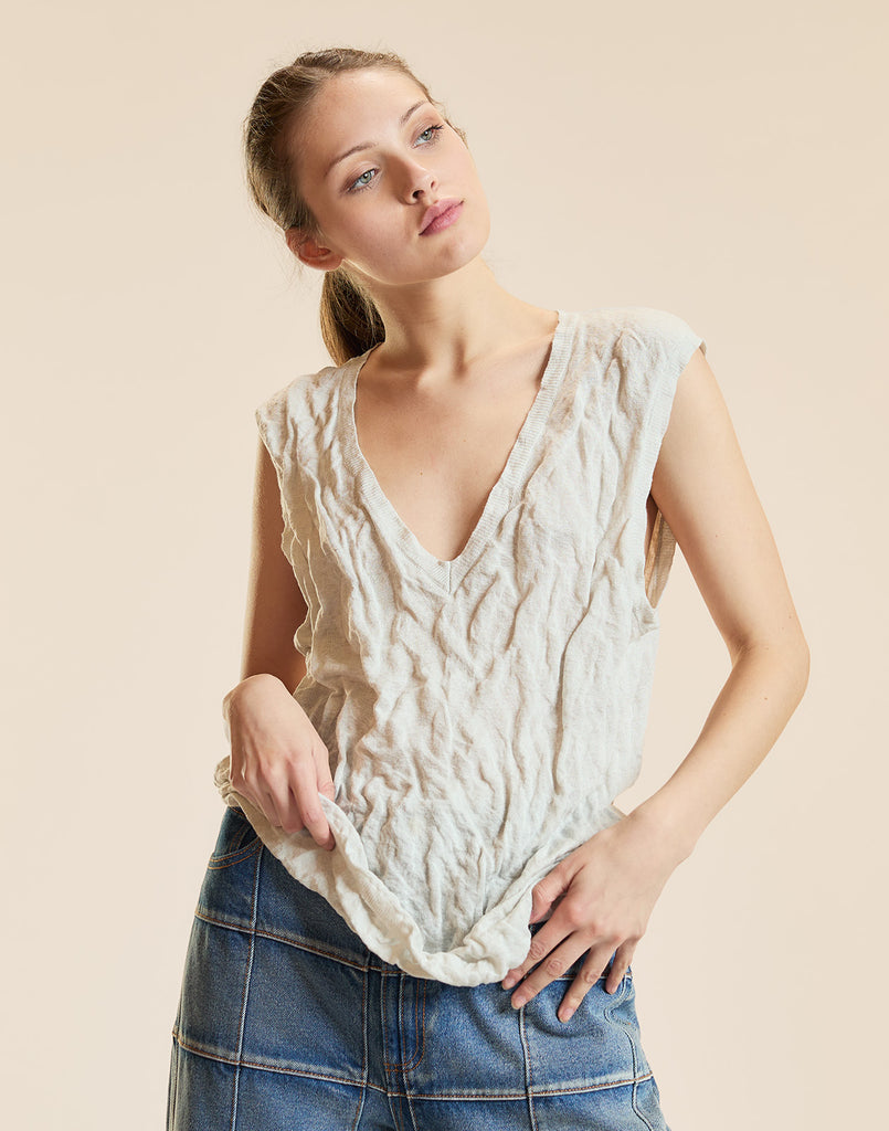 Crinkle knit sleeveless tank in white