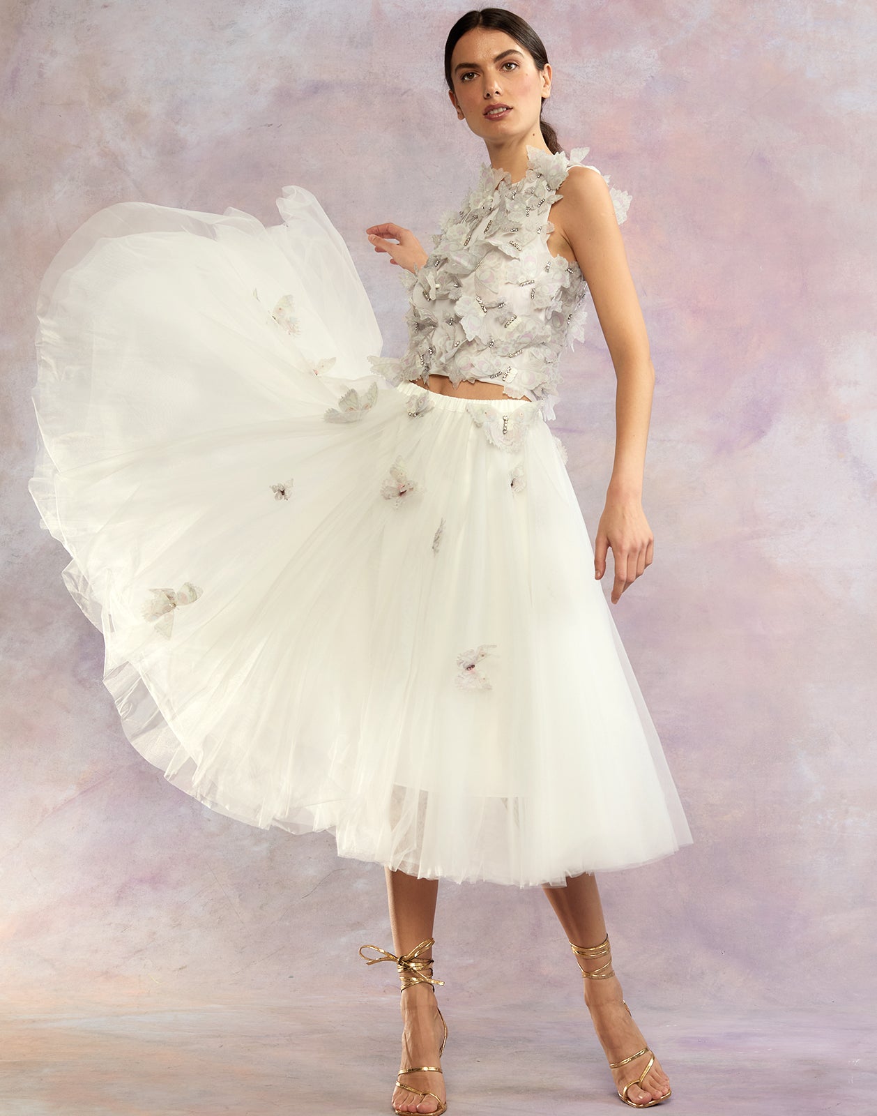 Beautiful tulle skirt dress with satin sheer bodice and butterfly appliqués