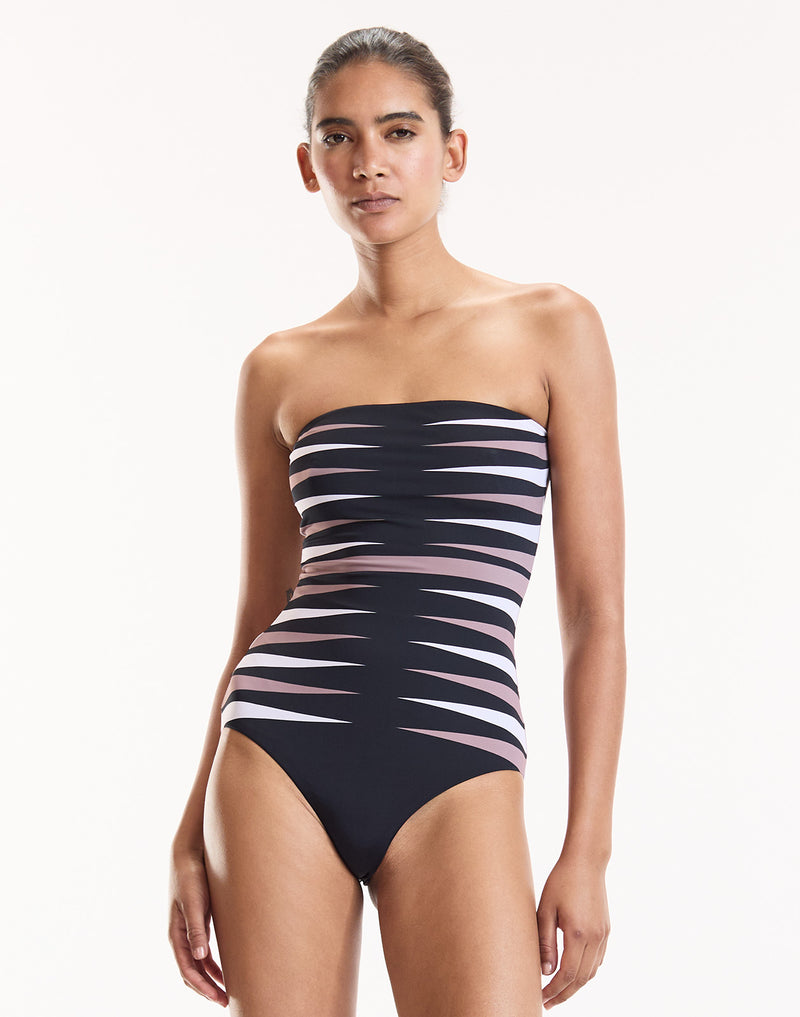 Black Strapless Abstract Stripe One-Piece Swimsuit