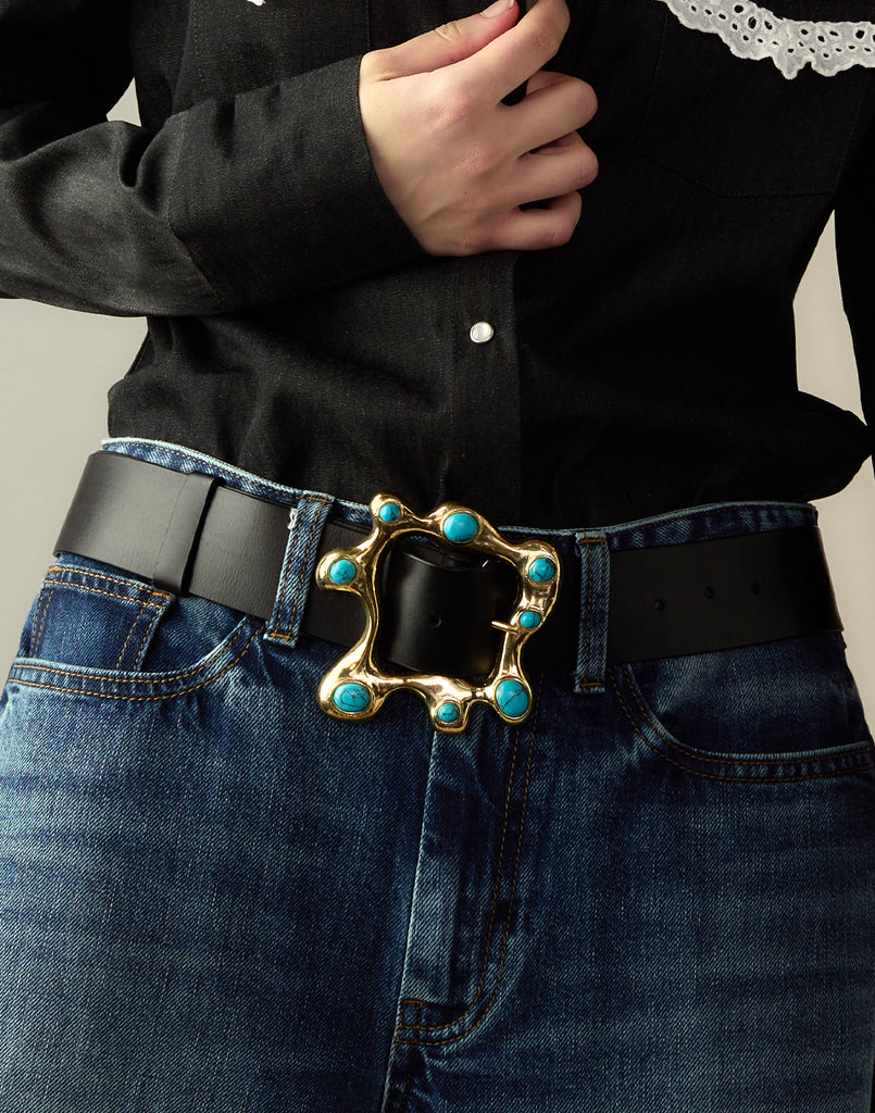 TURQUOISE BLUE CABOCHONS BRASS LEATHER BELT
