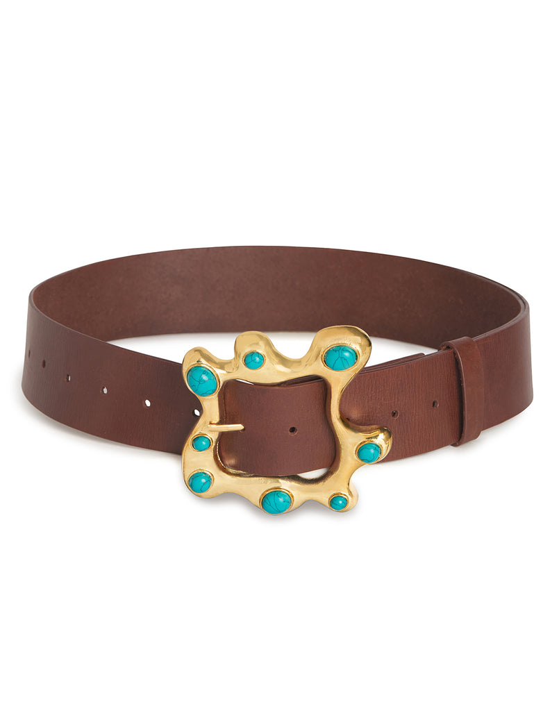 TURQUOISE BLUE CABOCHONS BRASS LEATHER BELT