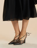 Black Lace-Up Cage Slingback Heel 