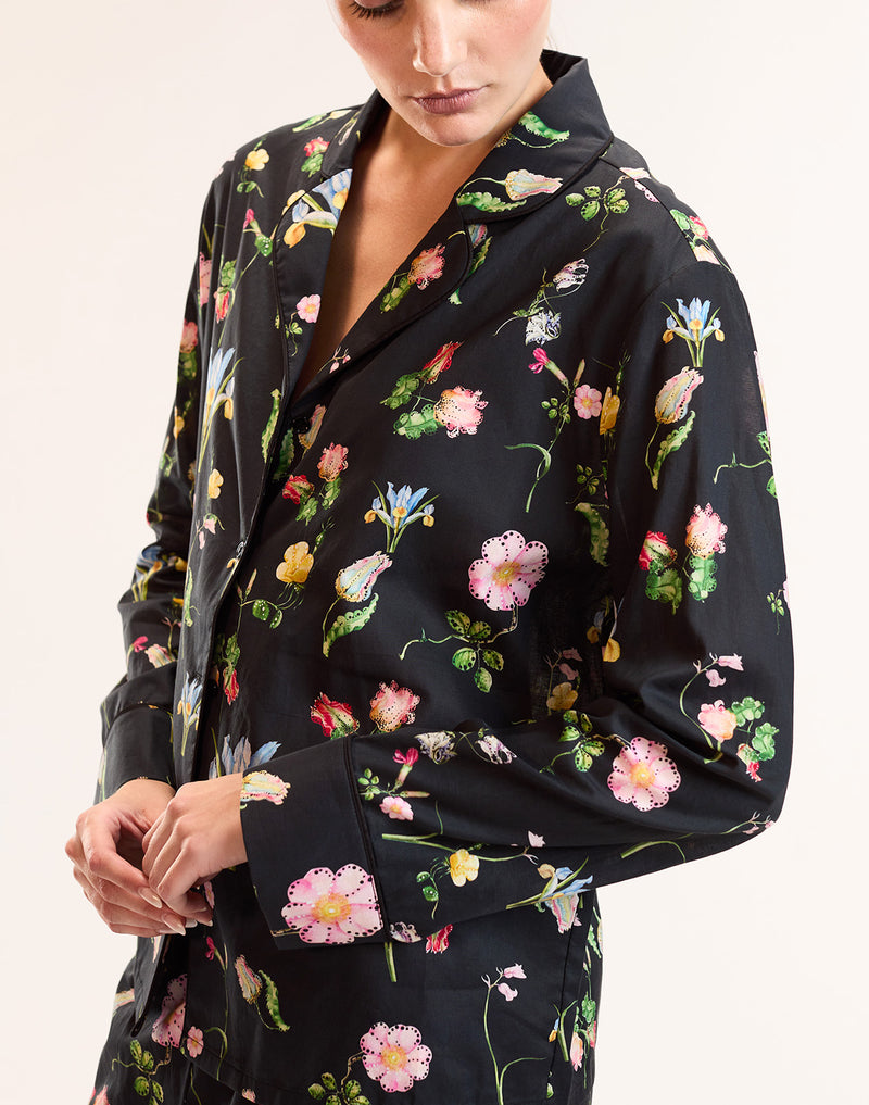 Black Floral Cotton PJ Top