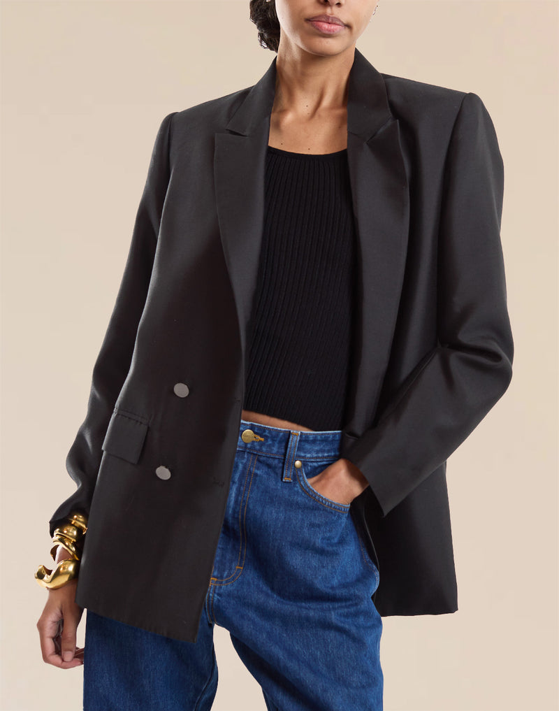 Black Silk Wool Double Breasted Blazer 
