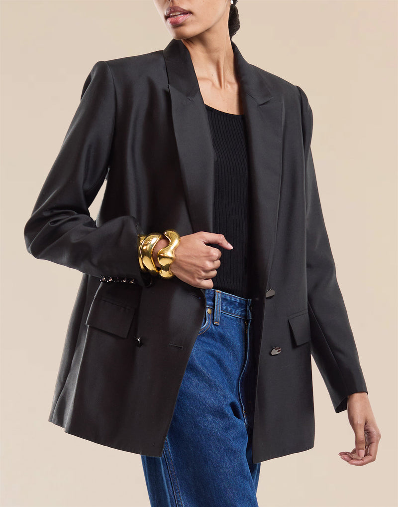 Black Silk Wool Double Breasted Blazer 